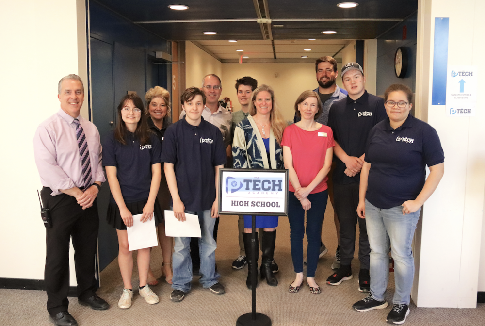 Picture of P-Tech students, staff, faculty, and Assemblymember Dr. Kelles smiling